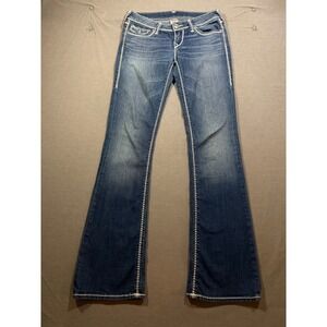 True Religion Womens Bootcut Jeans Dark Wash Thick White Stitch Size 28x33 Faded